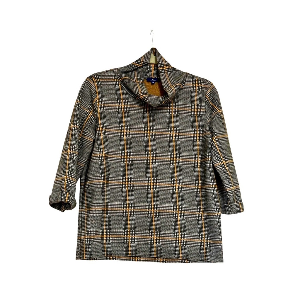 TOM‎ TAILOR COWL NECK TUNIC TOP BLACK WHITE YELLOW TARTAN PLAID MEDIUM